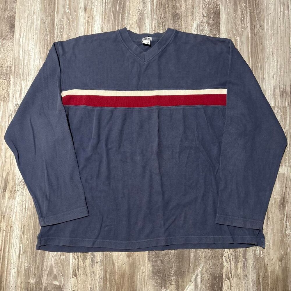 Cherokee Men's preppy navy blue long sleeve shirt with stripes